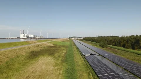 Offshore windfarm with solarpanels  in the Netherlands Stock Footage 289909537
