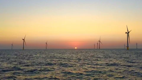 Offshore Windfarm at Sunset Stock Footage 98015392