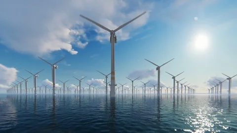 Offshore windmills against beautiful clouds 4K 스톡 동영상 105232524