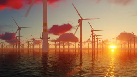 Offshore windmills against beautiful sunset flight oversea Stock Footage 106448839