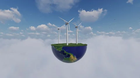 Offshore Windmills On Earth Hemisphere, Flying Pigeons Above Clouds Video stock 149178511