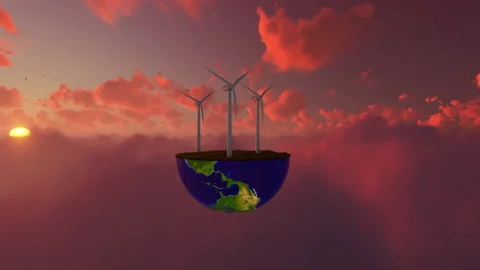 Offshore Windmills On Earth Hemisphere With Flying Pigeons Above Clouds At S Stock Footage 155139668