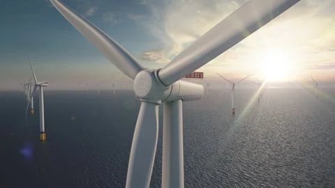 Offshore Windpower Park in Sunset Animation 4K UHD Stock Footage 229689552