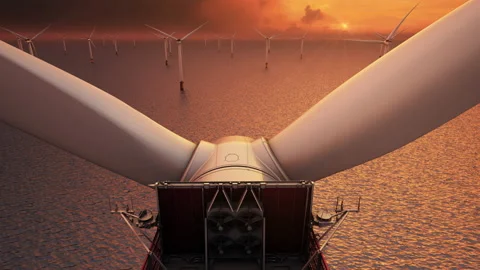 Offshore Windpower Park Sunset Animation 4K UHD Stock Footage 230408490
