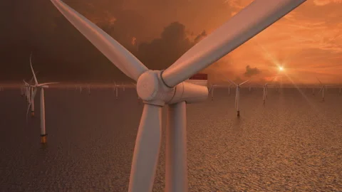 Offshore Windpower Park Sunset Animation 4K UHD Stock Footage 230475788