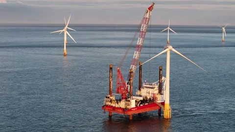 Offshore Work platform servicing Wind farm Hemsby Norfolk UK aerial Stock Footage 281345766