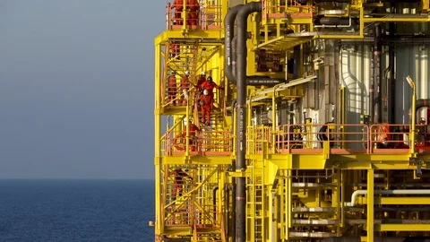 Offshore Workers Descending The Stairs. Stock Footage 129670635