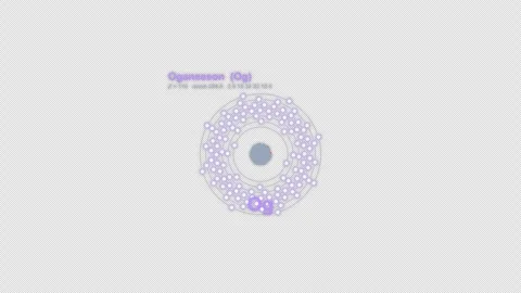 Oganesson Og Bohr Atom Model Labeled Animation Video Overlay Alpha 4K Stockbeeldmateriaal 339371863