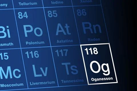 Oganesson on periodic table of the elements, with element symbol Og Stock Illustration