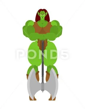 Ogre Female warrior with weapon. Green goblin woman Strong. berserk ...