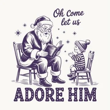 Oh come let us adore him christmas design santa reading to child christian .. Stock Illustration