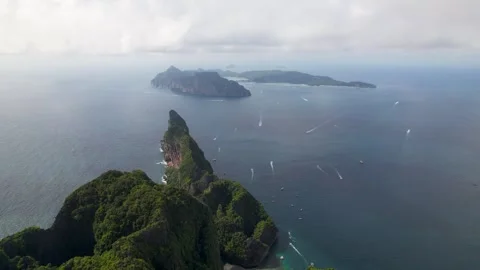 Oh Phi Phi Lee panoramic aerial of Maya Bay and Phi Leh Bay. High quality 4k Stock Footage 310174135