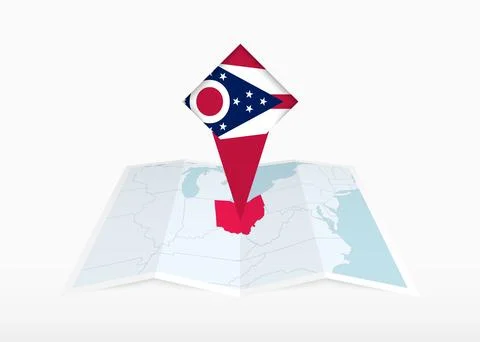 Ohio is depicted on a folded paper map and pinned location marker with flag.. Stock Illustration