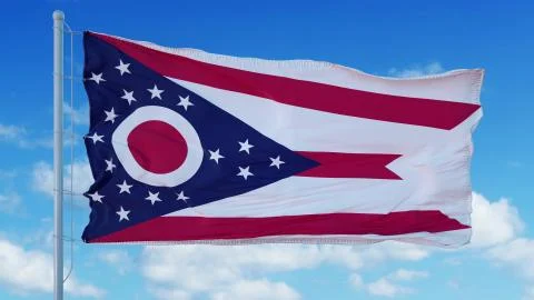 Ohio flag on a flagpole waving in the wind, blue sky background. 3d rendering Illustrazione stock