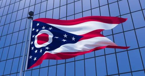 Ohio flag on skyscraper building background. 3d illustration Stock Illustration
