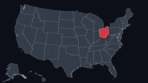 Ohio Highlighted Raised in 3D on US Election Map Red Fill Scheme, Black Stock Illustration