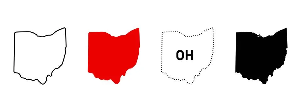 Ohio map icon set. Outline, red fill, OH dotted sign and black silhouette s.. Stock Illustration