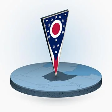 Ohio map in round isometric style with triangular 3D flag of US State Ohio Stock Illustration