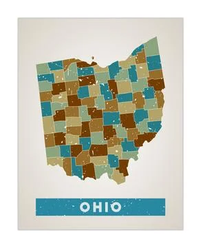 Ohio map. Us state poster with regions. Old grunge texture. Shape of Ohio w.. Stock Illustration