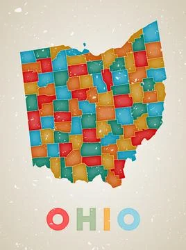 Ohio map. Us state poster with colored regions. Old grunge texture. Vector .. Stock Illustration