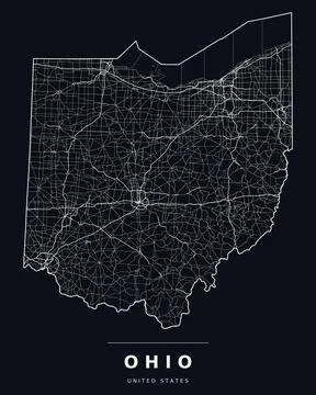 Ohio OH Map Counties Highways Roads Dark Mode Editable Vector Stock Illustration