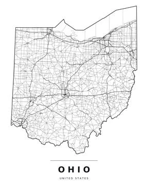 Ohio OH Map Counties Highways Roads Black White Editable Vector Stock Illustration