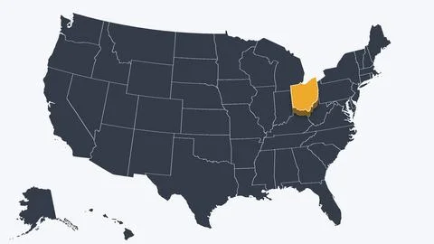 Ohio Raised in 3D on US Election Map Teal and Amber Highlight, White Background Stock Illustration