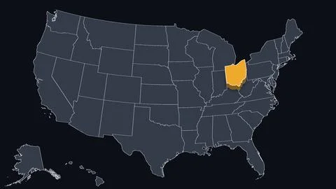 Ohio Raised in 3D on US Election Map Teal and Amber Highlight, Black Background Stock Illustration