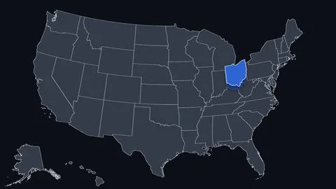 Ohio Raised in 3D on US Election Map Red and Blue Highlight, Black Background Stock Illustration