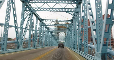Ohio River Bridge to Cincinnati Skyline - Cincinnati, OH Stock Footage