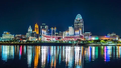 Ohio River at night time lapse cincinnati skyline 4K 1080P Stock Footage 77576055