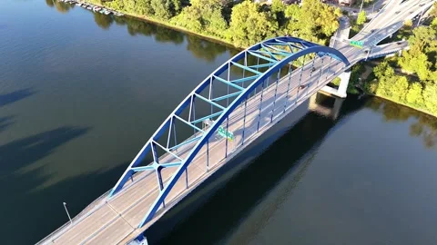 Ohio River View With Blue Fort Henry Bridge In Wheeling Town West Virginia Stock Footage 336857508