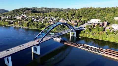 Ohio River View With Blue Fort Henry Bridge In Wheeling Town West Virginia Stock Footage 336857535