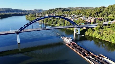 Ohio River View With Blue Fort Henry Bridge In Wheeling Town West Virginia Stock Footage 336857685