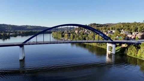 Ohio River View With Blue Fort Henry Bridge In Wheeling Town West Virginia Stock Footage 336857697