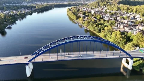 Ohio River View With Blue Fort Henry Bridge In Wheeling Town West Virginia Stock Footage 336857707