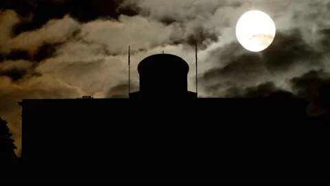 Ohio State Capitol Building by Night with Dark Atmosphere, Fog, Smoke and Moon Stock Footage 189772722
