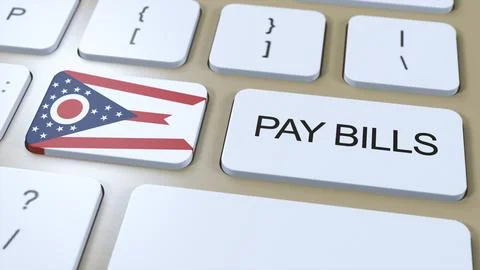 Ohio State Flag and Pay Bills Text on Button 3D Illustration Stock Illustration