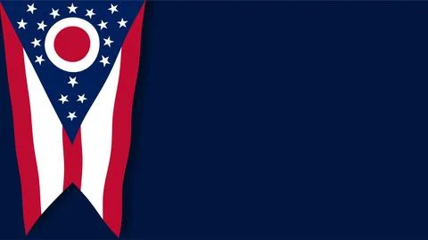Ohio State Flag Hanging Vertically on Dark Blue Background with Copy Space. Stockfoto's