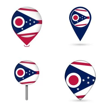 Ohio State Flag Map Pin Icons Set Collection Stock Illustration