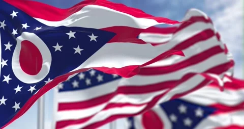 The Ohio state flag waving along with the national flag of the US Stock-Footage 197142619