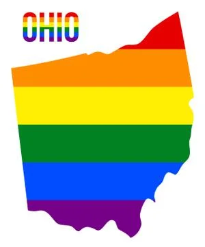 Ohio State Map in LGBT Rainbow Flag Comprised Six Stripes With Ohio LGBT Text Stock Illustration