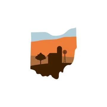 Ohio State Shape with Farm at Sunset that has Windmill, Barn, and a Tree Stock Illustration