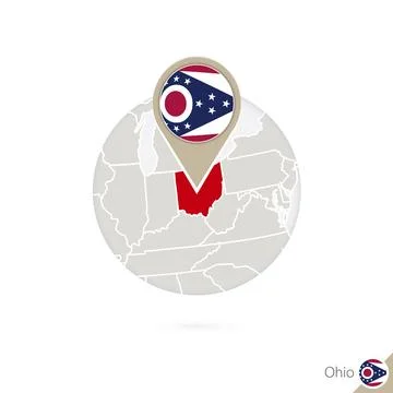 Ohio US State map and flag in circle. Map of Ohio, Ohio flag pin. Map of Oh.. Stock Illustration