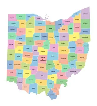 Ohio, U.S. state, subdivided into 88 counties, multi colored map Stock Illustration
