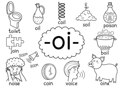 Oi digraph spelling rule black and white educational poster for kids with words 스톡 일러스트