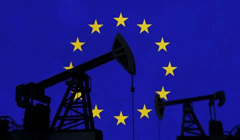 Oil and gas industry background. Oil pump silhouette against european union flag Illustrazione stock