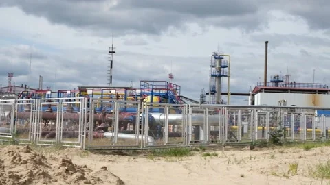 Oil and gas processing plant. Oil and gas refining. Transportation chemical Stock Footage 231536656