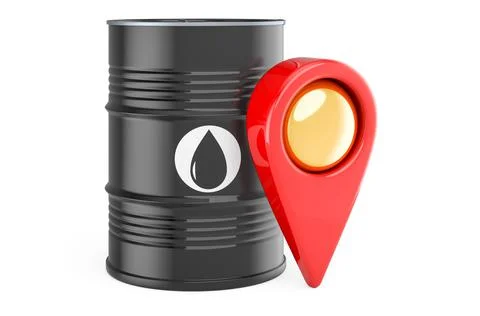 Oil barrel with map pointer, 3D rendering Illustrazione stock