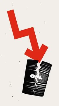 Oil barrel split in half under downward red arrow illustrates irreversible Stock Photos